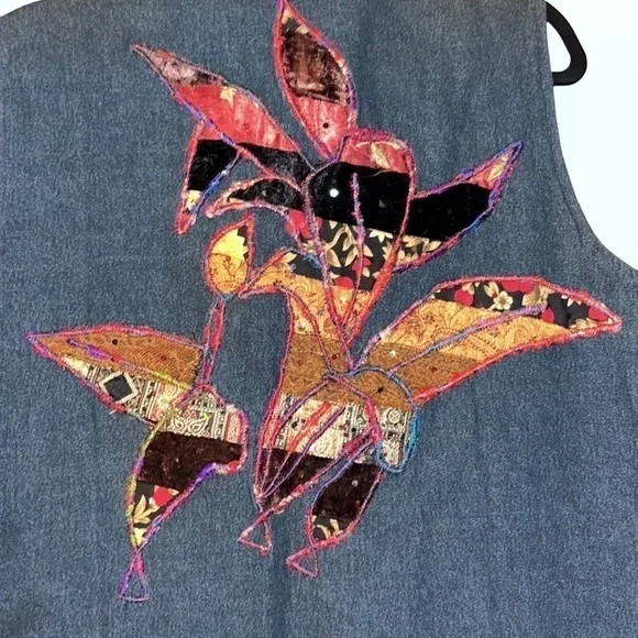Beautiful mixed media art folk embroidered open vest Coldwater Creek size M - Picture 7 of 9